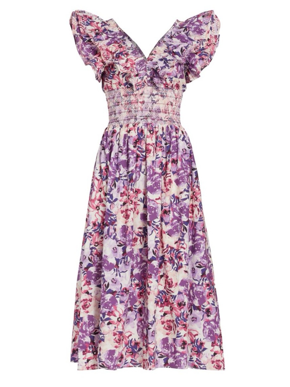 Something Navy Natalie Smocked Floral Ruffle Midi Dress Size Medium
